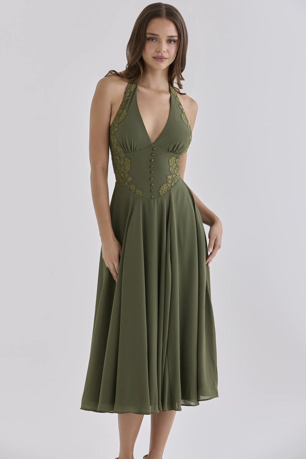 Coco Olive Georgette + Lace Placement Halter Neck Midi Dress