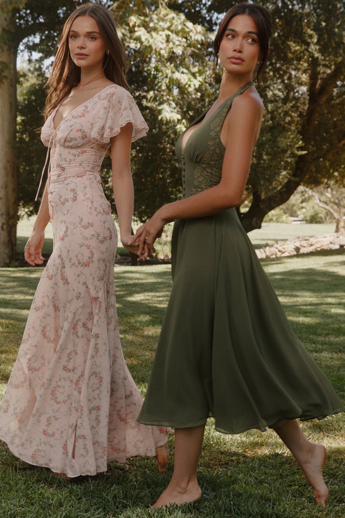 Coco Olive Georgette + Lace Placement Halter Neck Midi Dress