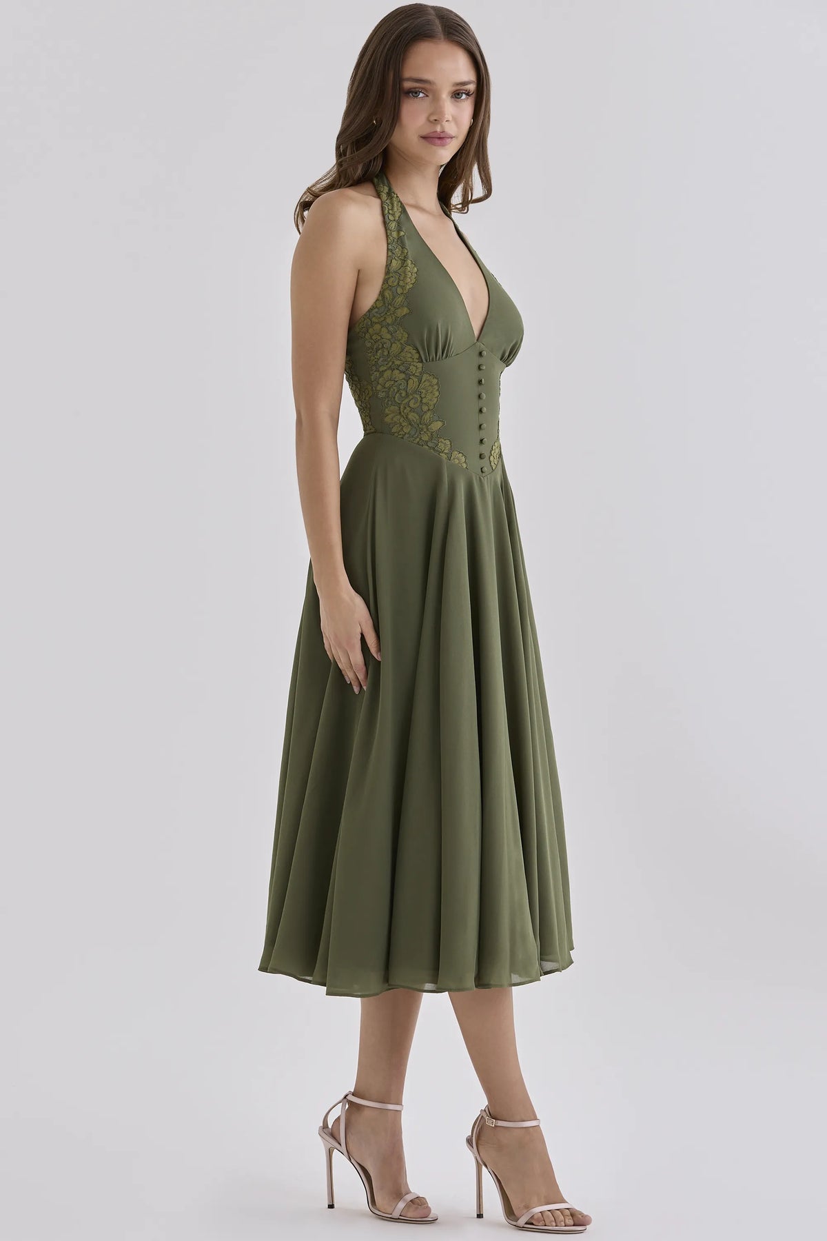 Coco Olive Georgette + Lace Placement Halter Neck Midi Dress