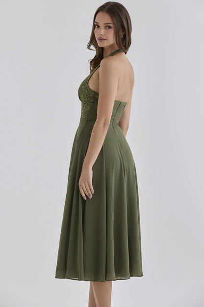 Coco Olive Georgette + Lace Placement Halter Neck Midi Dress