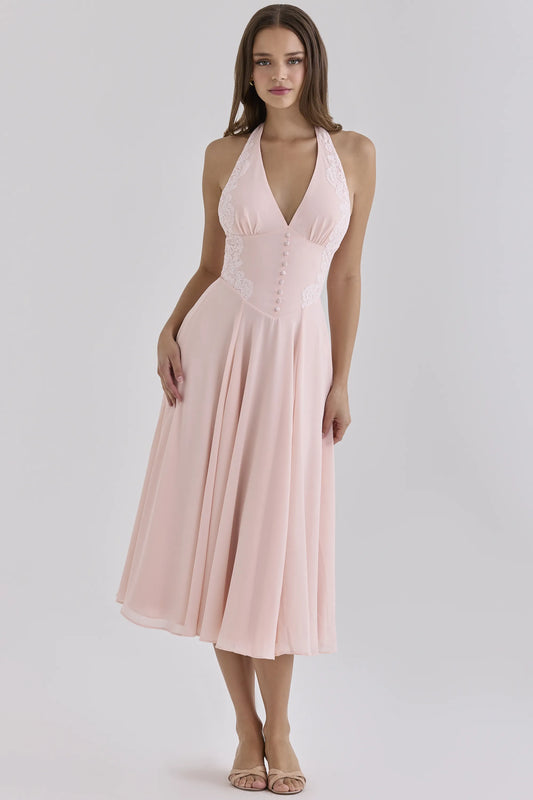 Coco Pink Georgette + Lace Placement Halter Neck Midi Dress