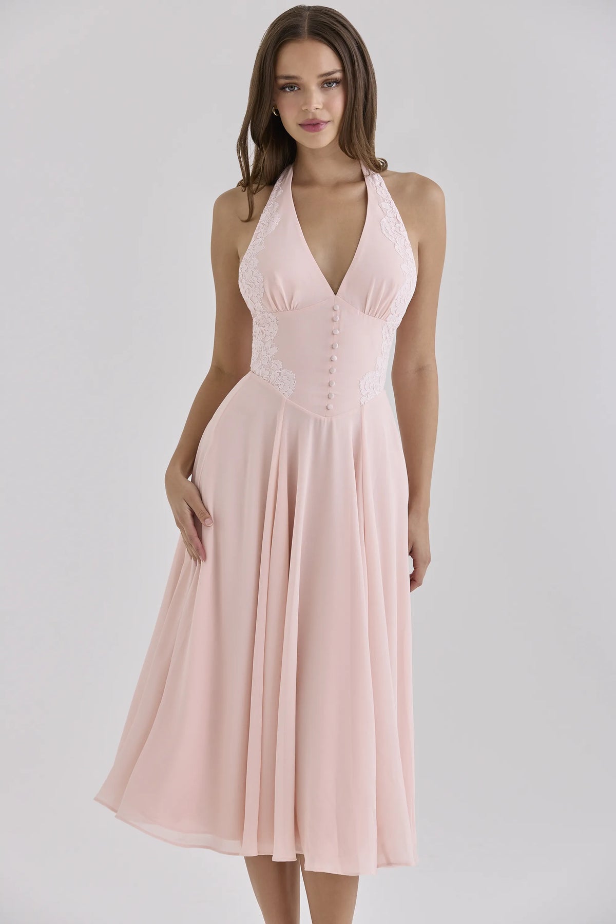 Coco Pink Georgette + Lace Placement Halter Neck Midi Dress