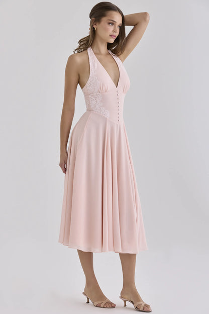 Coco Pink Georgette + Lace Placement Halter Neck Midi Dress