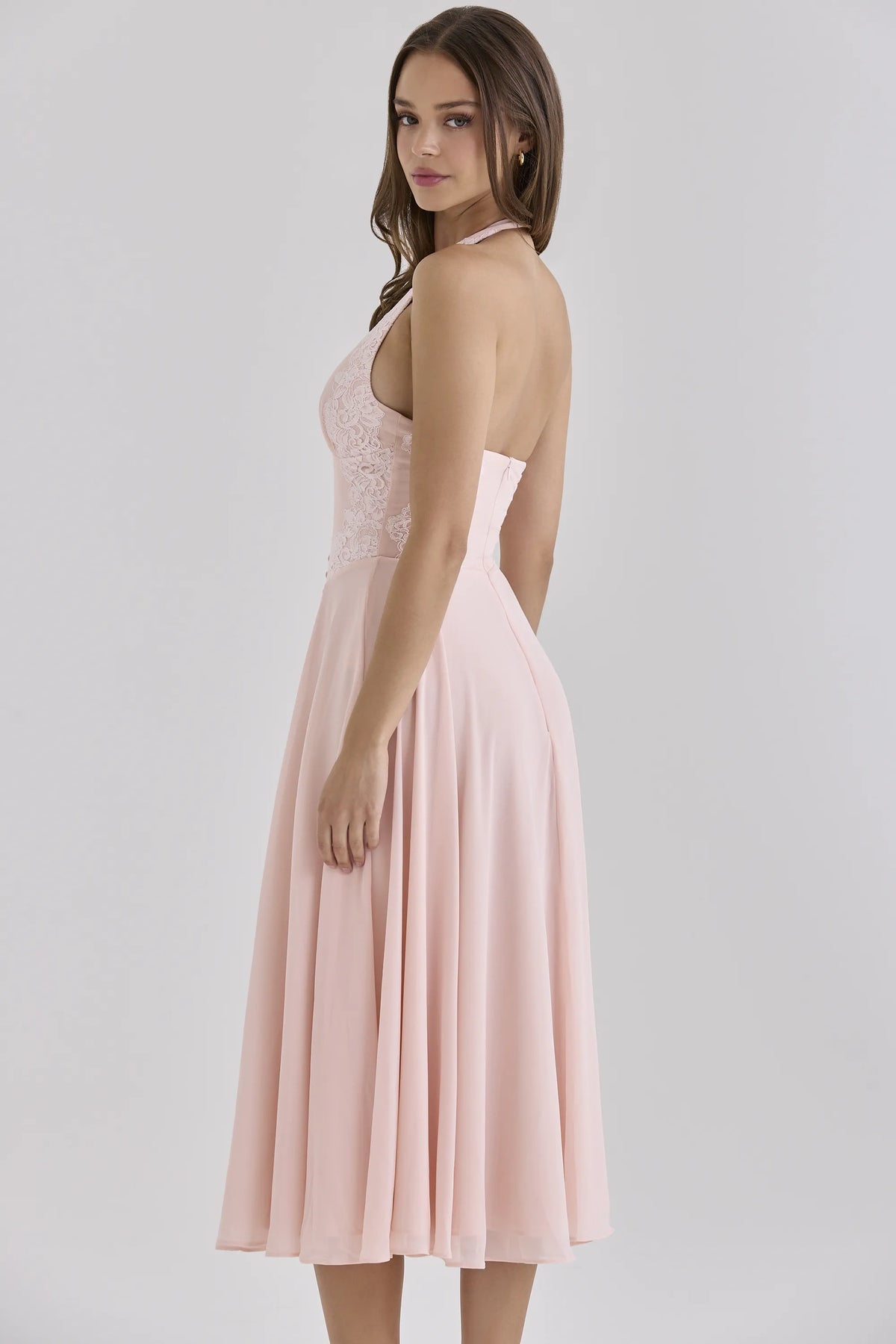Coco Pink Georgette + Lace Placement Halter Neck Midi Dress
