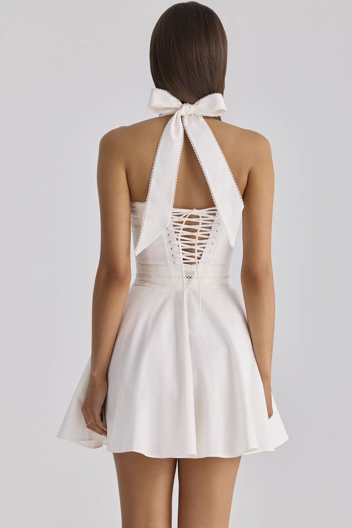 Cosette White Broderie Anglais + Cotton Halter Neck Mini Dress