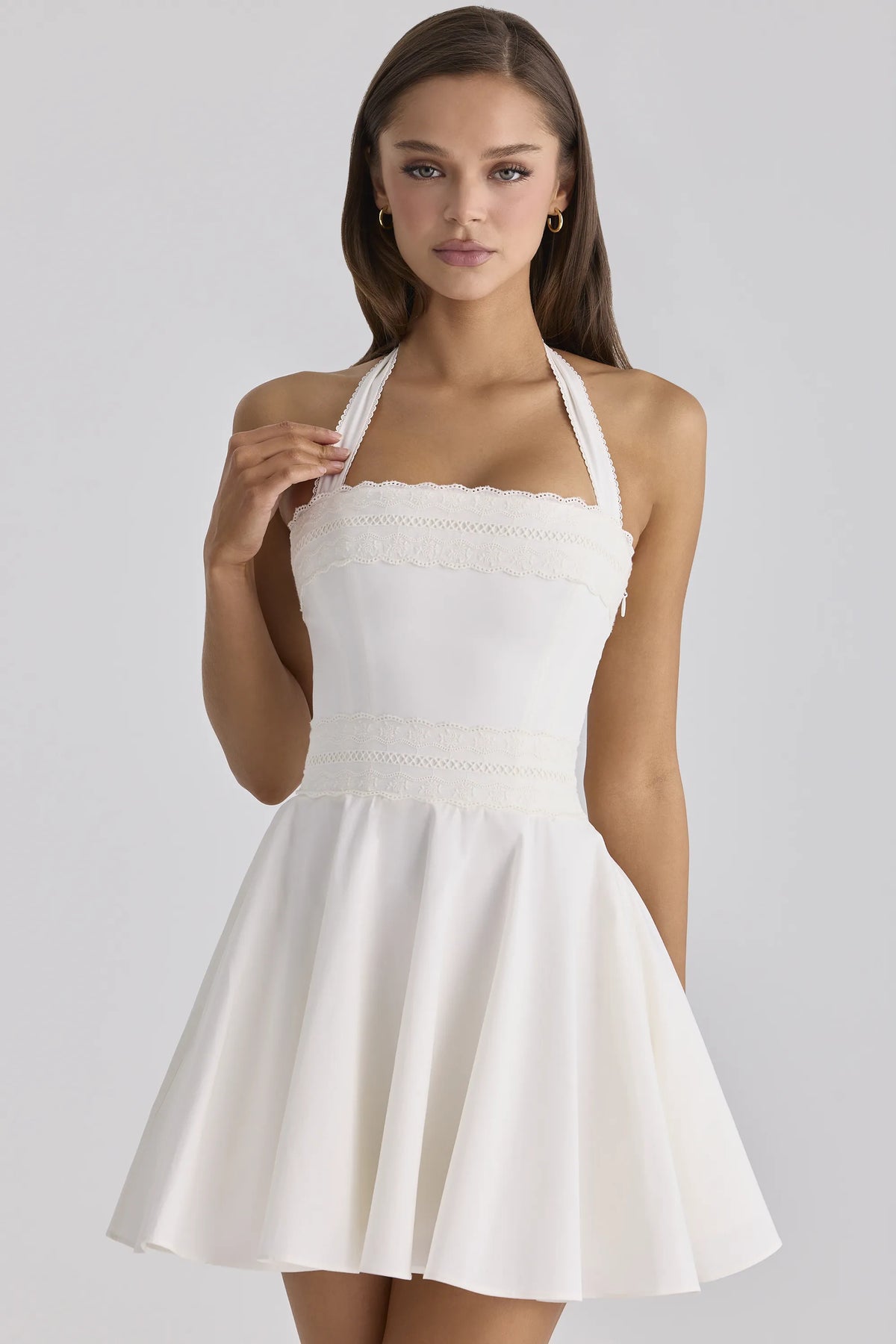 Cosette White Broderie Anglais + Cotton Halter Neck Mini Dress
