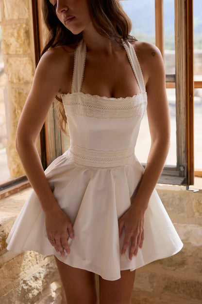 Cosette White Broderie Anglais + Cotton Halter Neck Mini Dress