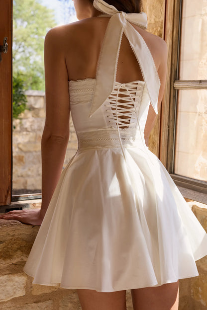 Cosette White Broderie Anglais + Cotton Halter Neck Mini Dress