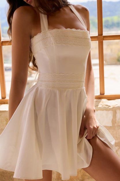 Cosette White Broderie Anglais + Cotton Halter Neck Mini Dress