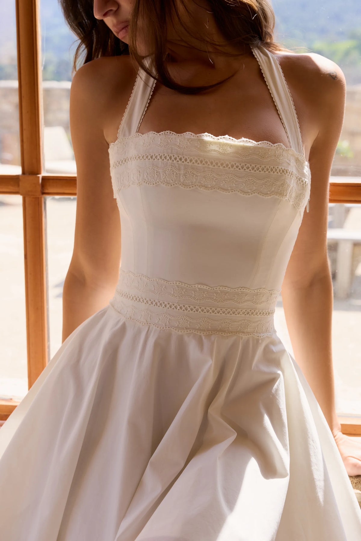 Cosette White Broderie Anglais + Cotton Halter Neck Mini Dress