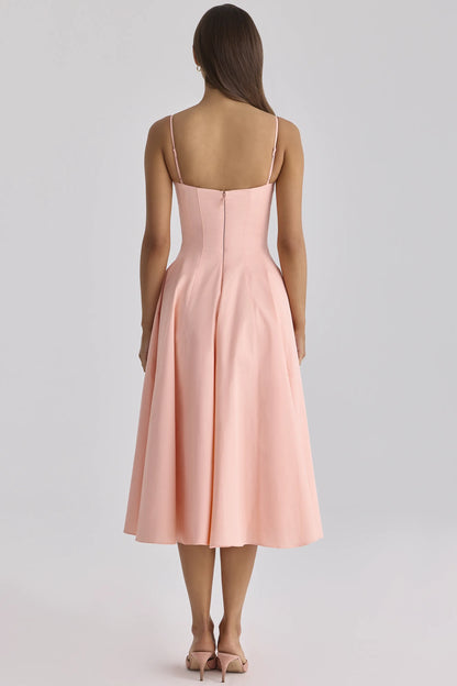 Dahlia Peach Cotton Pleated Midi Sundress