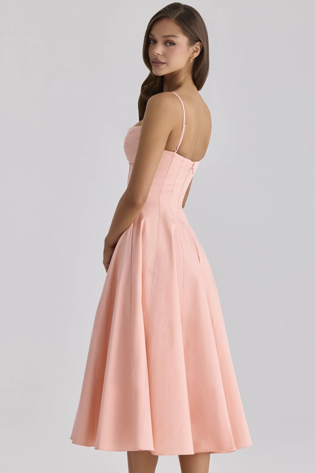 Dahlia Peach Cotton Pleated Midi Sundress