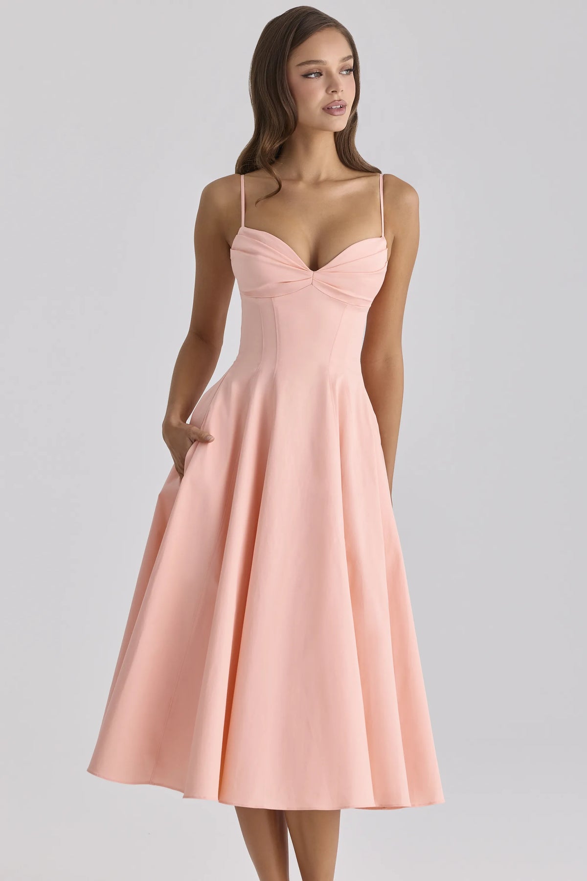 Dahlia Peach Cotton Pleated Midi Sundress
