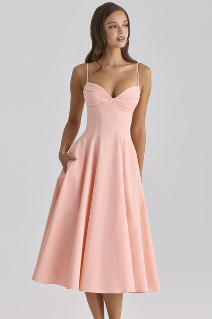Dahlia Peach Cotton Pleated Midi Sundress