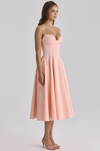 Dahlia Peach Cotton Pleated Midi Sundress