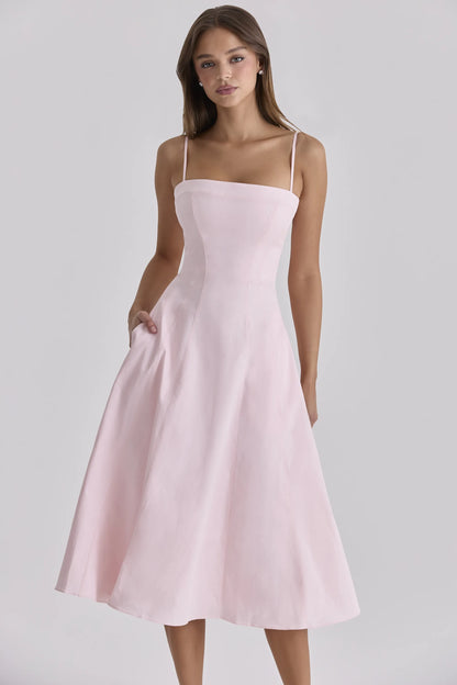 Dolly Pink Sateen Cotton Flared Midi Sundress