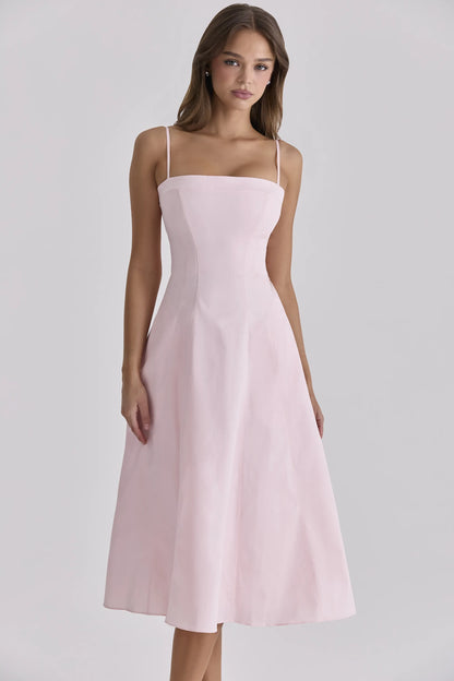 Dolly Pink Sateen Cotton Flared Midi Sundress