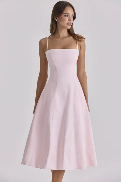 Dolly Pink Sateen Cotton Flared Midi Sundress