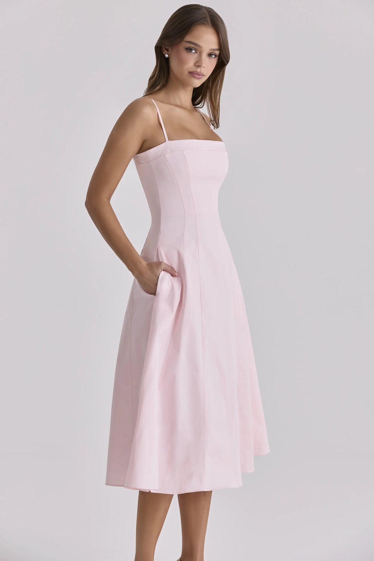 Dolly Pink Sateen Cotton Flared Midi Sundress