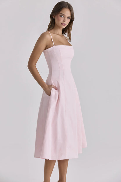 Dolly Pink Sateen Cotton Flared Midi Sundress