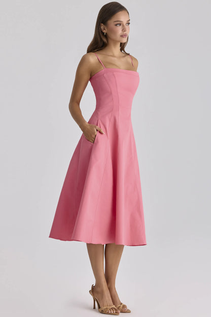 Dolly Raspberry Cotton Flared Midi Sundress