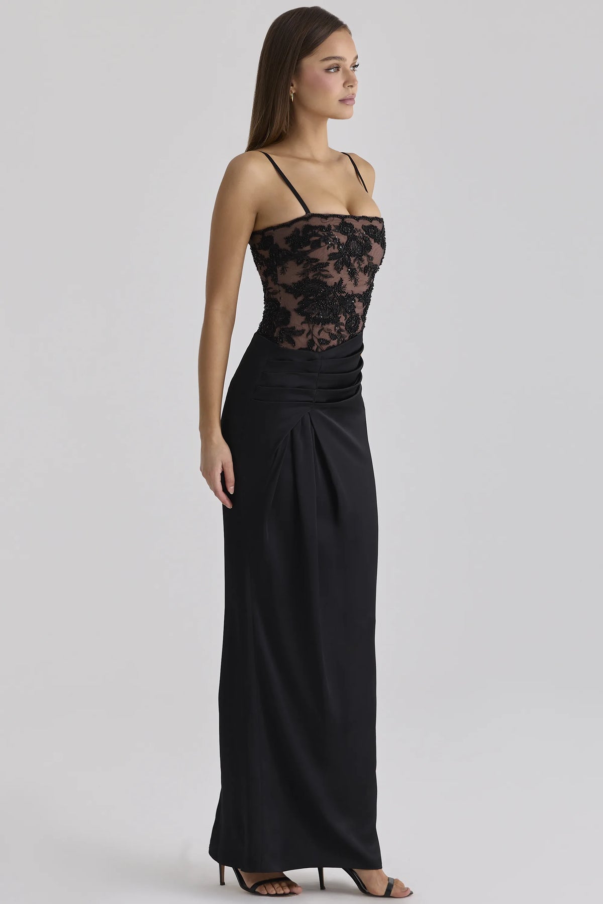 Eliette Black Embellished Lace + Satin Maxi Dress