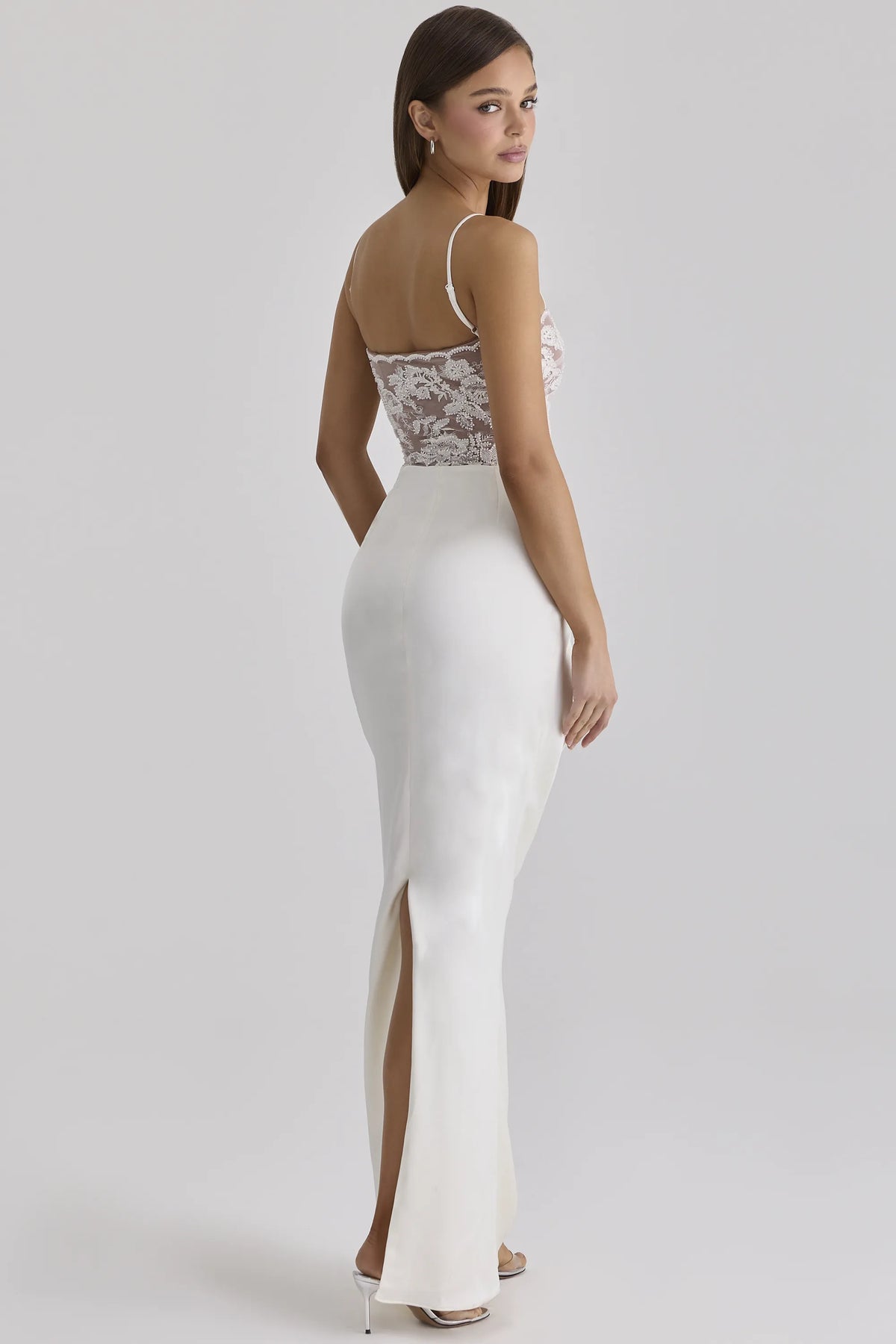 Eliette White Embellished Lace and Satin Maxi Dress