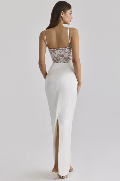 Eliette White Embellished Lace and Satin Maxi Dress