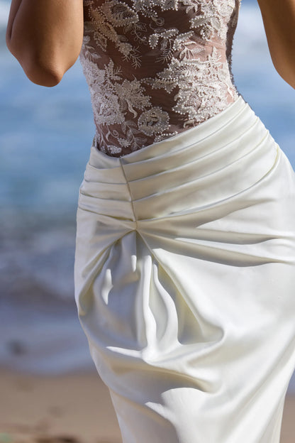 Eliette White Embellished Lace and Satin Maxi Dress
