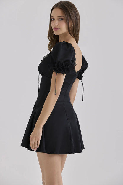 Elisabetta Black Satin Lace Trim Mini Dress