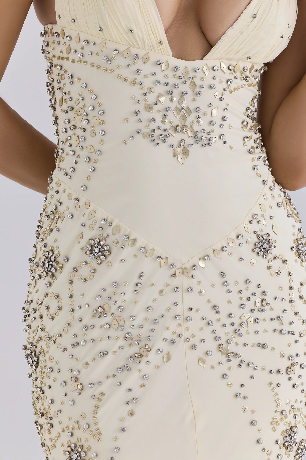 Elyse Pearl Deep V Satin + Chiffon Embellished Maxi Dress - Limited Edition