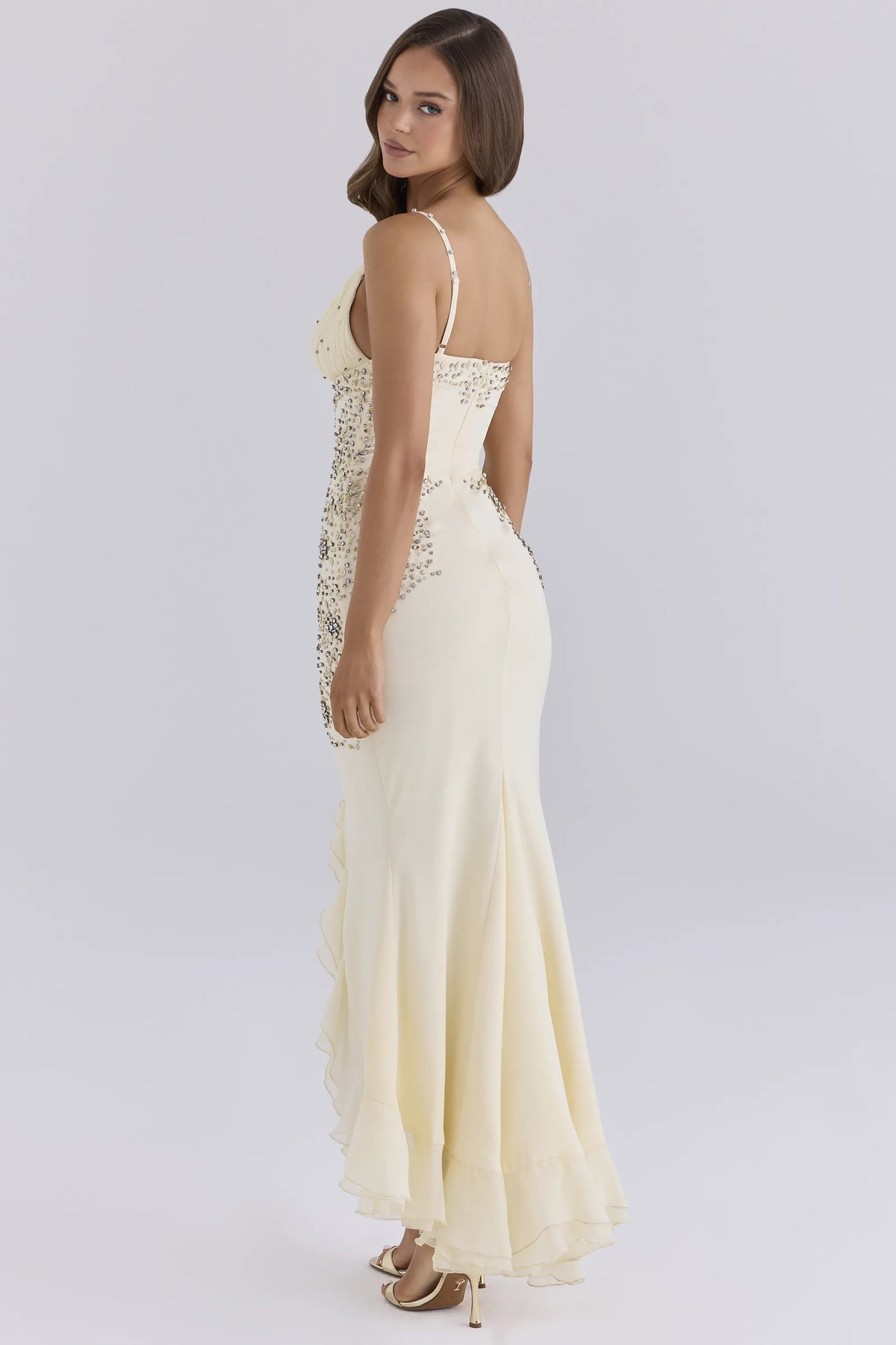 Elyse Pearl Deep V Satin + Chiffon Embellished Maxi Dress - Limited Edition