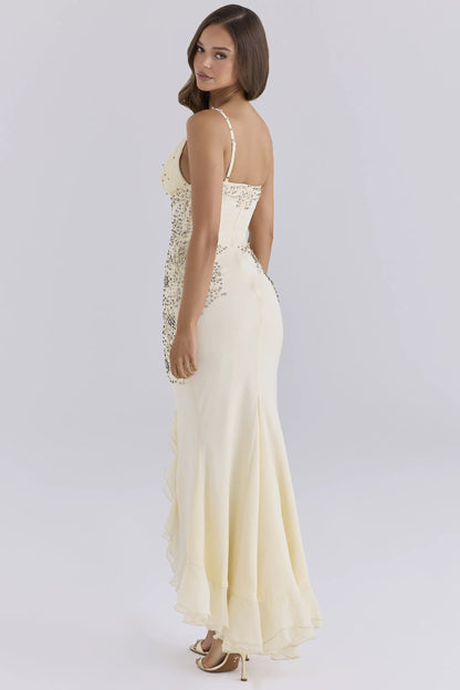 Elyse Pearl Deep V Satin + Chiffon Embellished Maxi Dress - Limited Edition