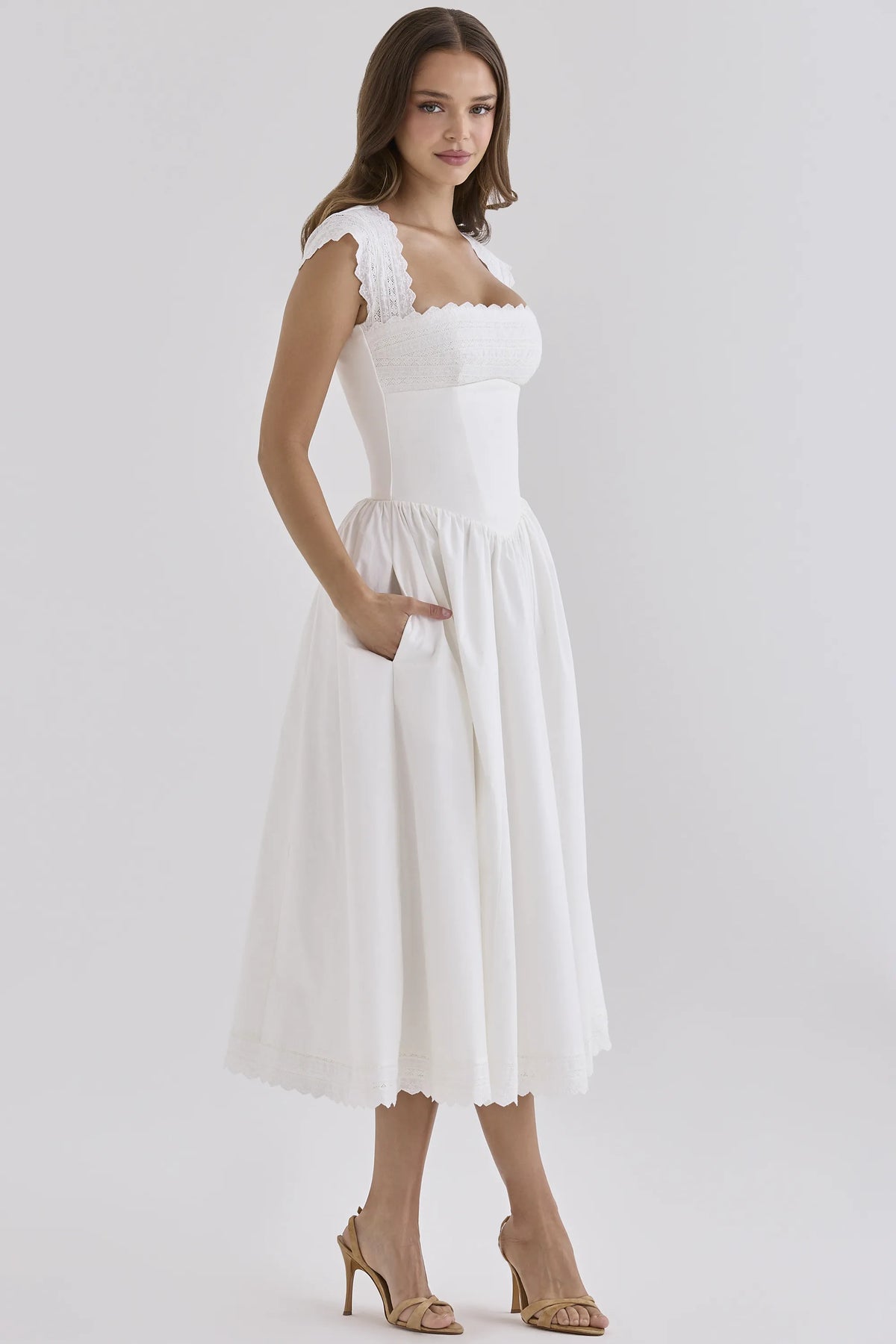 Fiorella White Cotton Broderie Anglaise Trim Midi Sundress