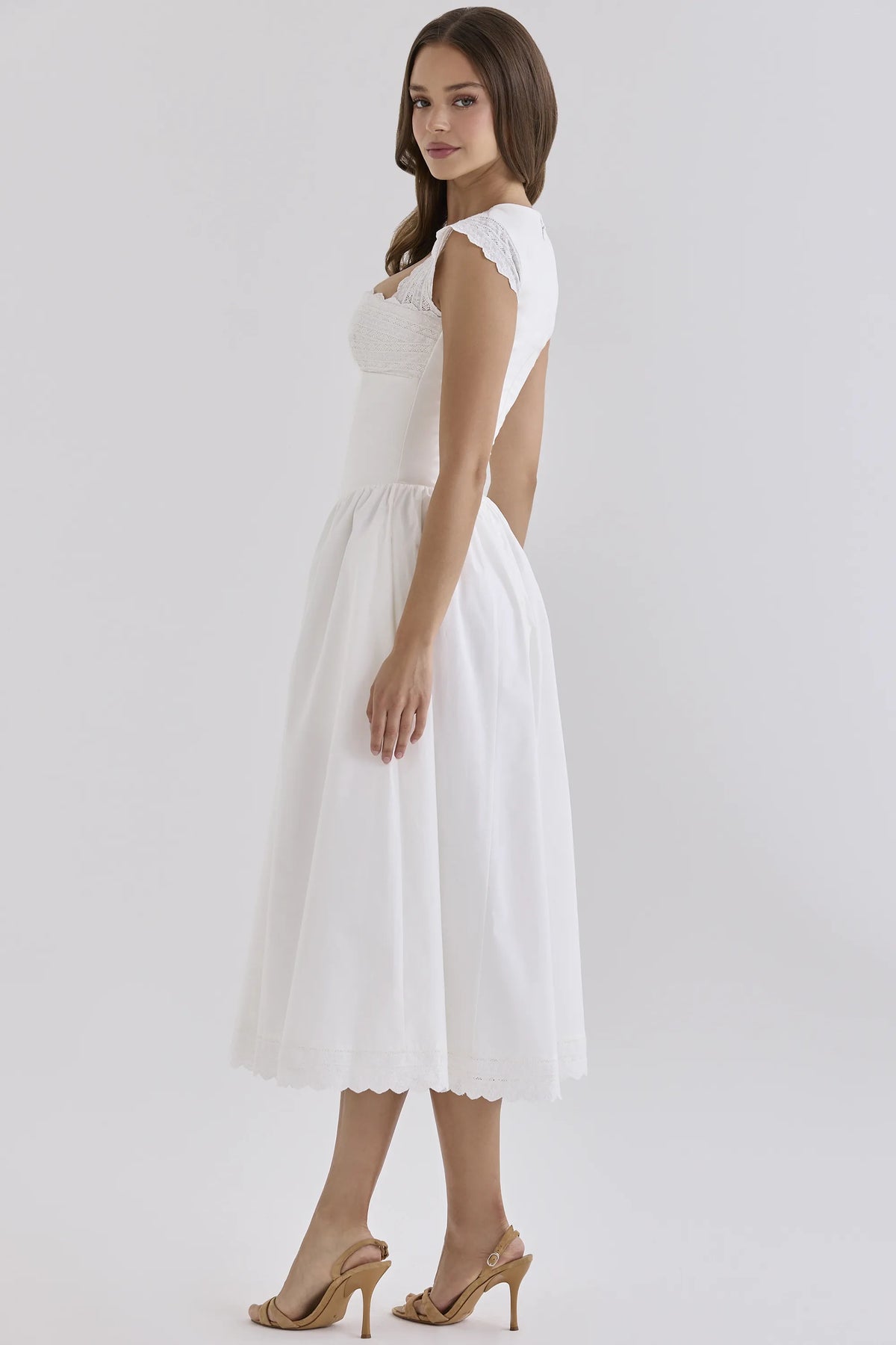 Fiorella White Cotton Broderie Anglaise Trim Midi Sundress