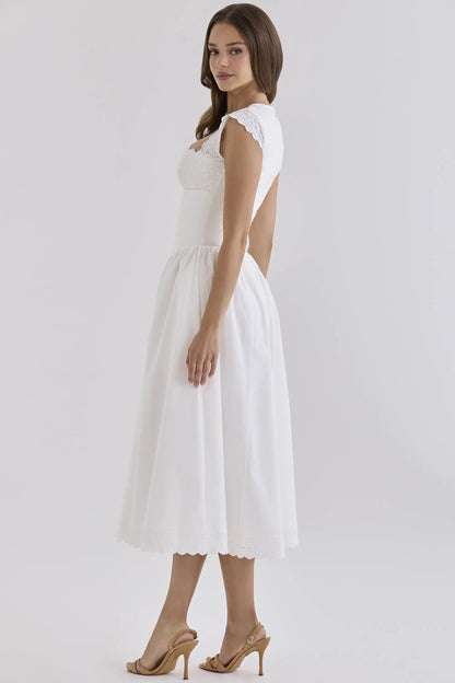 Fiorella White Cotton Broderie Anglaise Trim Midi Sundress