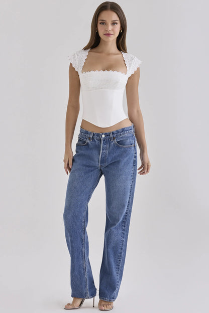 Fiorella White Cotton Broderie Anglaise Trim Cap Sleeve Corset Top