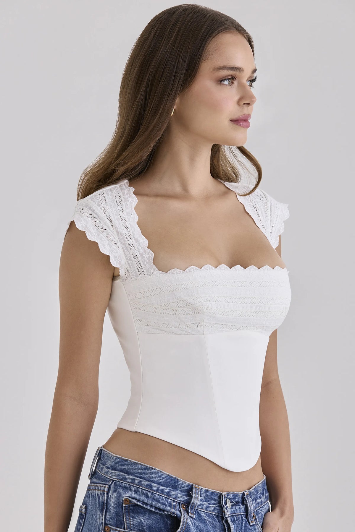 Fiorella White Cotton Broderie Anglaise Trim Cap Sleeve Corset Top