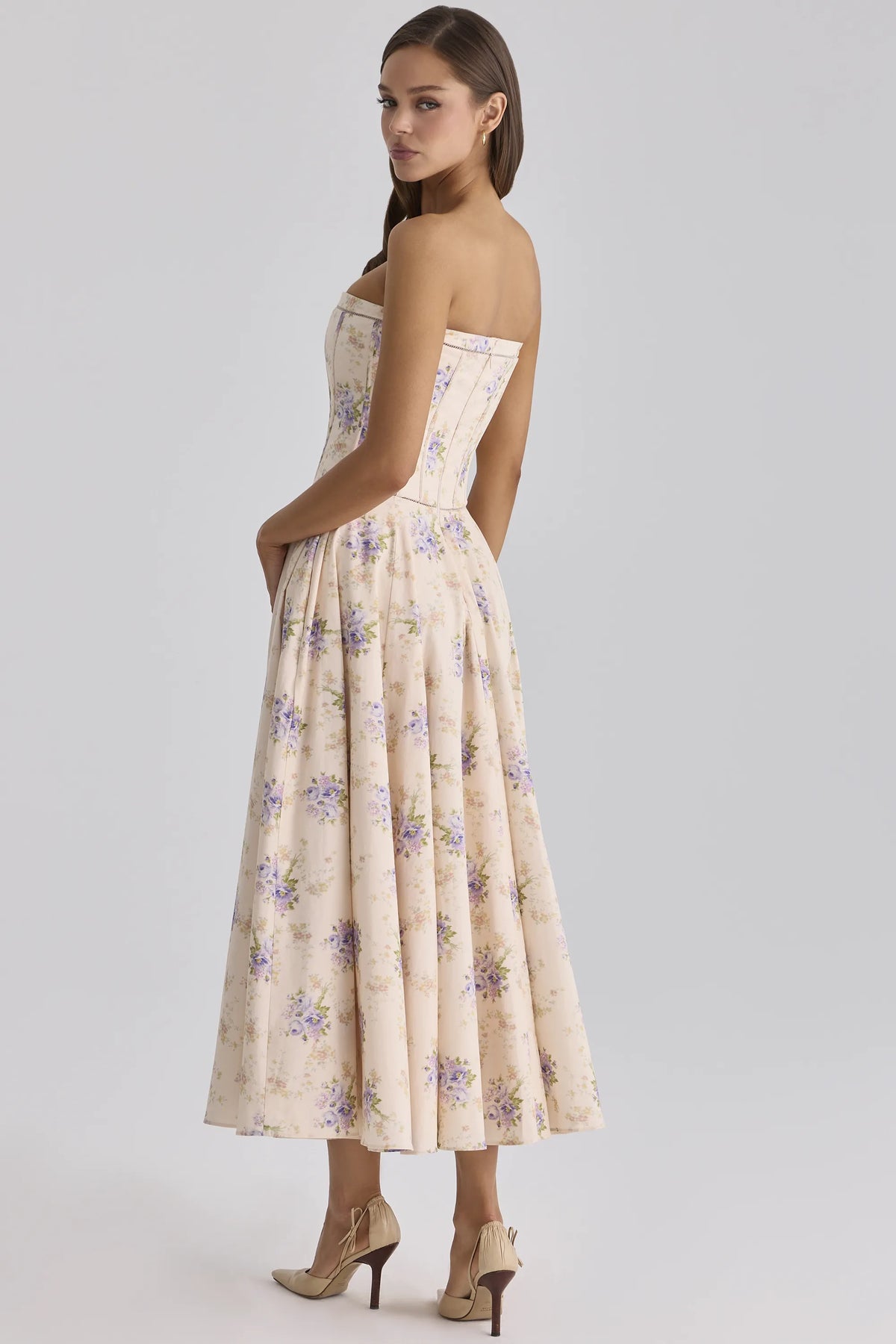 Gina Ivory Sweet Peony Floral Print Strapless Maxi Dress