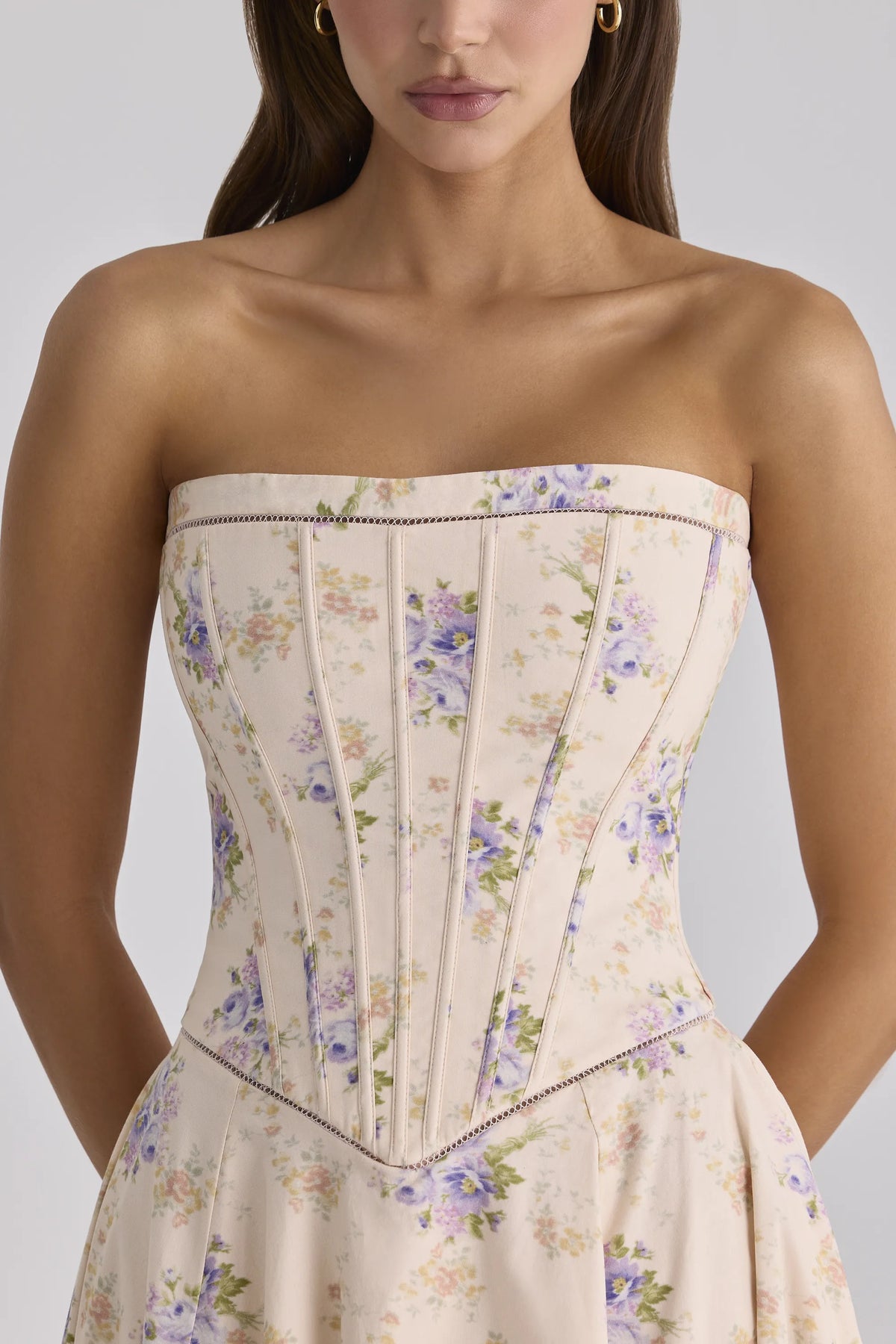 Gina Ivory Sweet Peony Floral Print Strapless Maxi Dress