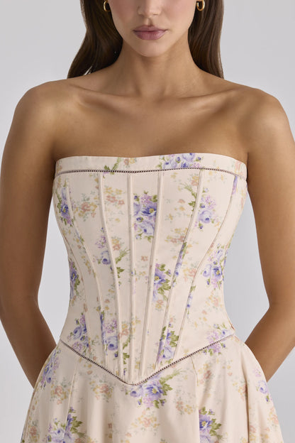 Gina Ivory Sweet Peony Floral Print Strapless Maxi Dress