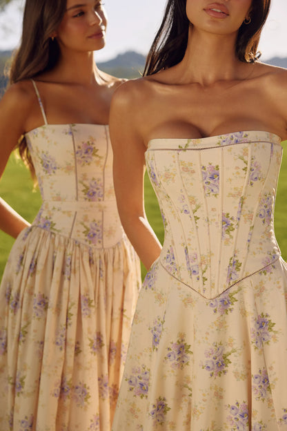 Gina Ivory Sweet Peony Floral Print Strapless Maxi Dress