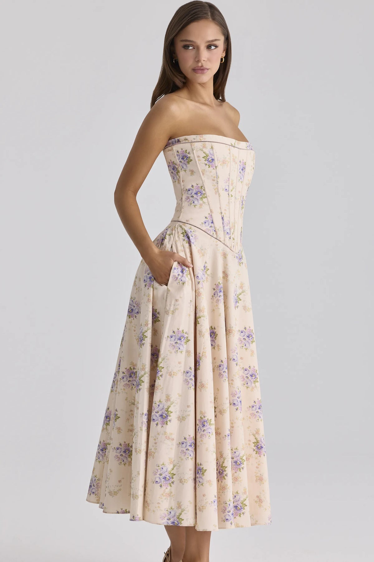 Gina Ivory Sweet Peony Floral Print Strapless Maxi Dress
