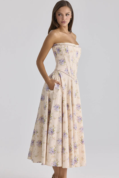 Gina Ivory Sweet Peony Floral Print Strapless Maxi Dress