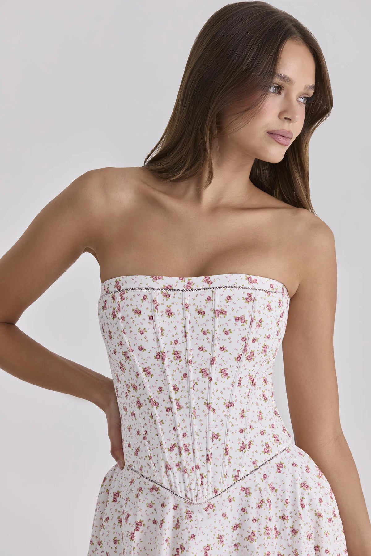 Gina White Rose Print Strapless Cotton Maxi Dress
