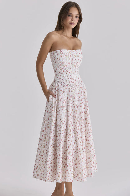 Gina White Rose Print Strapless Cotton Maxi Dress
