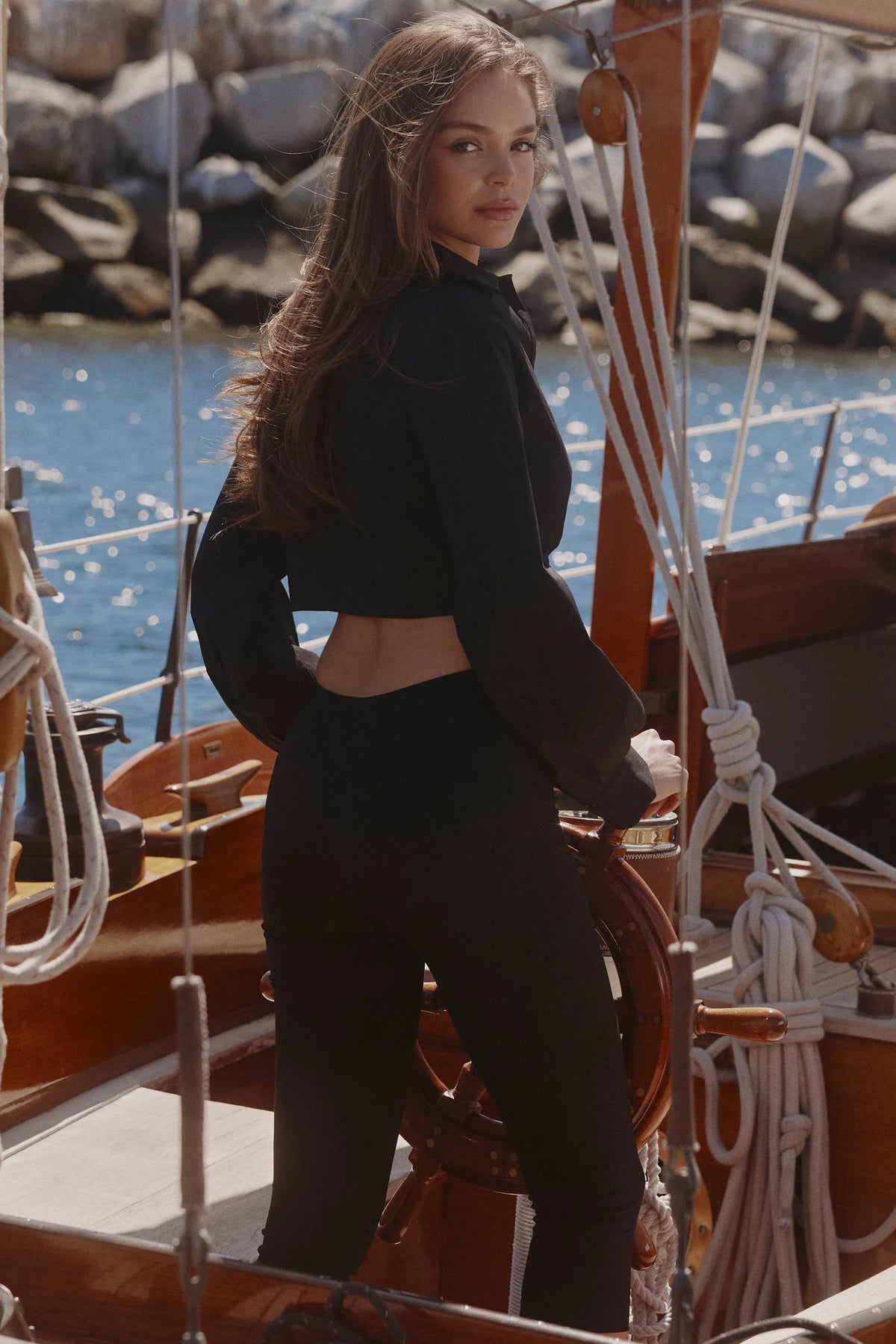 Ivara Black Long Sleeve Cropped Cotton Shirt
