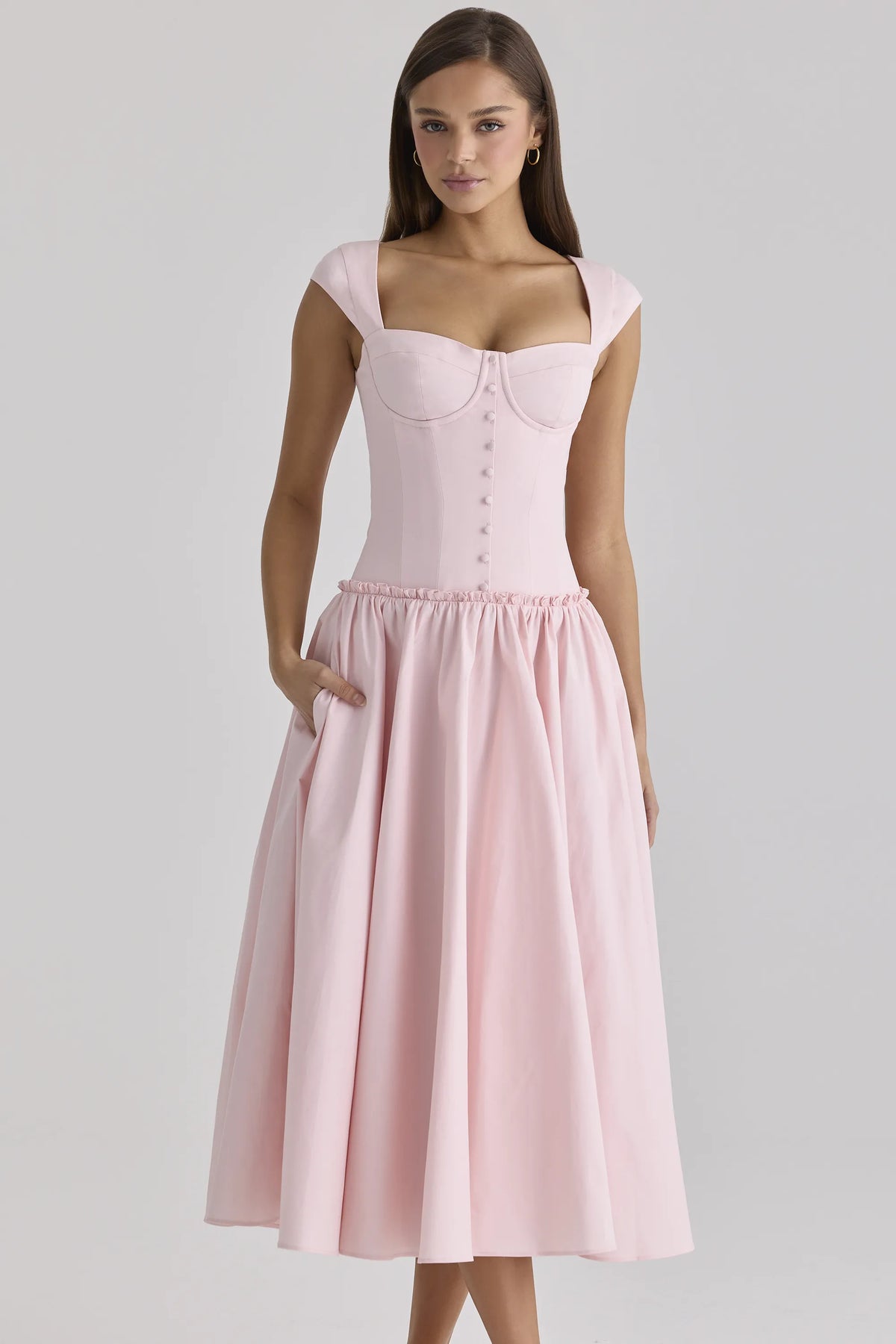 Kaia Pink Cotton Cap Sleeve Midi Dress