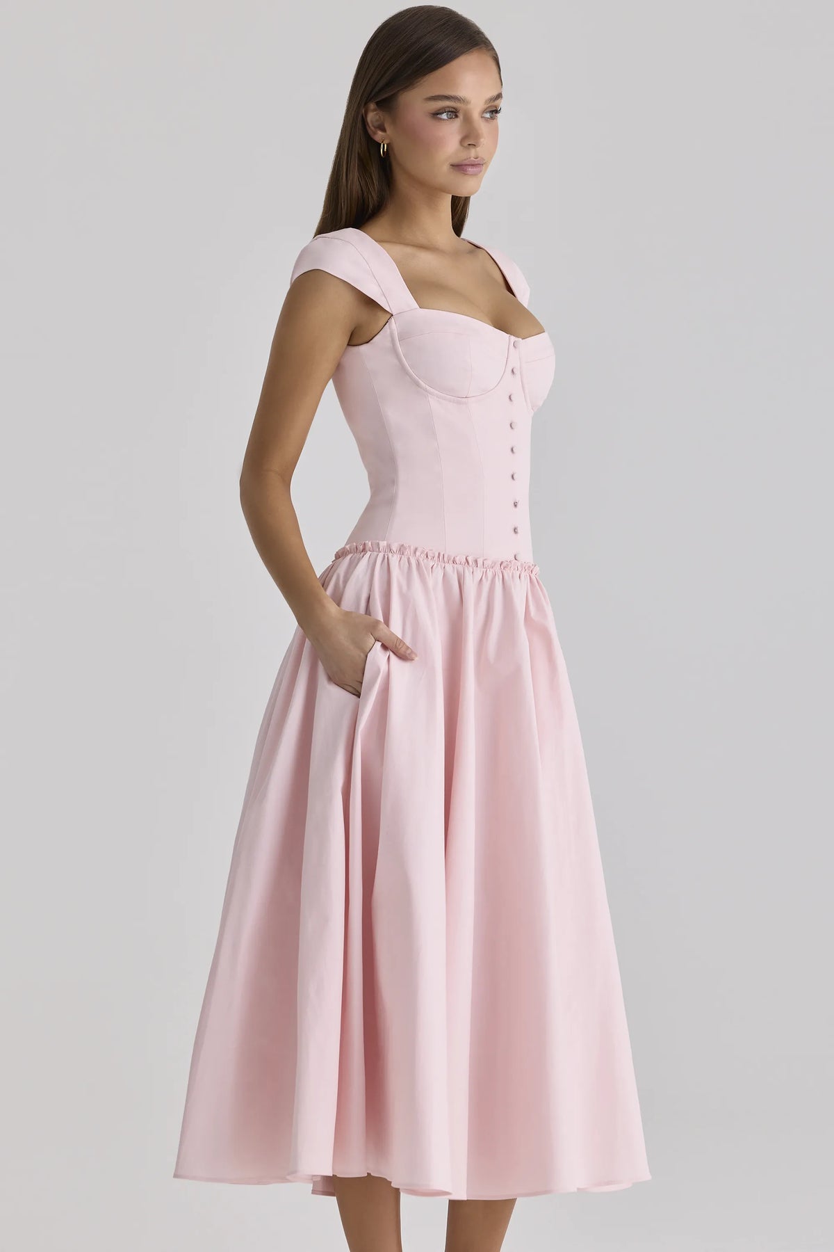 Kaia Pink Cotton Cap Sleeve Midi Dress