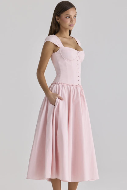 Kaia Pink Cotton Cap Sleeve Midi Dress